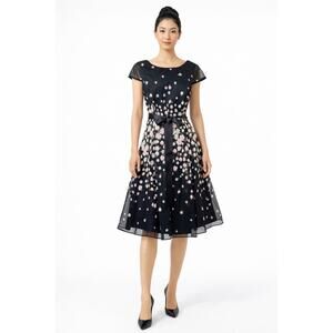 Tahari Arthur S Levine Floral Organza Fit Flare Dress Black Pink Size 4